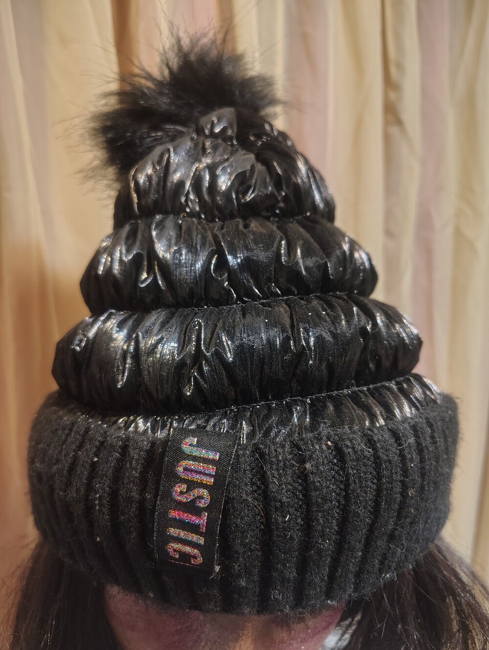 NEW NWOT Justice Girls Black Metallic Shimmer Puffer Beanie Hat Faux Fur Pom